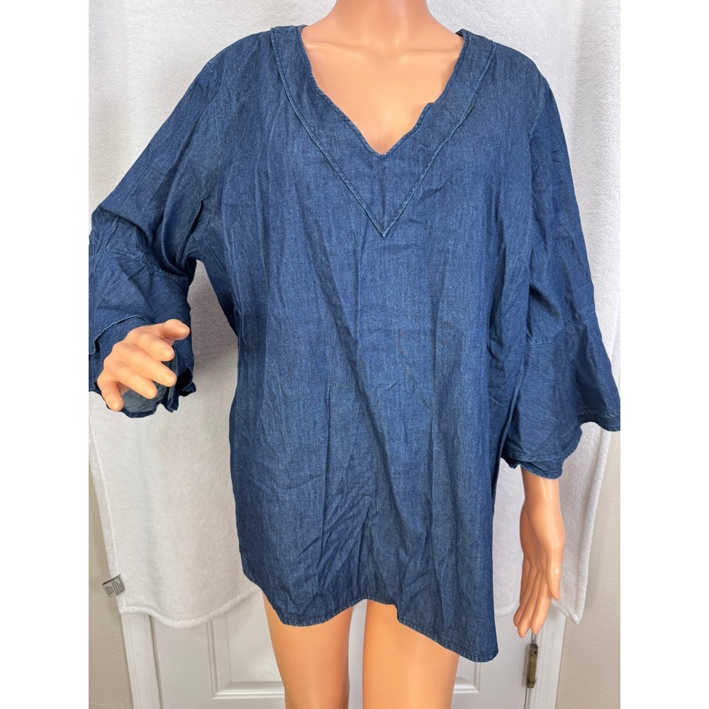 NEW Philosophy chambray denim blue v-neck 3/4 bell sleeve tunic top Size 2X